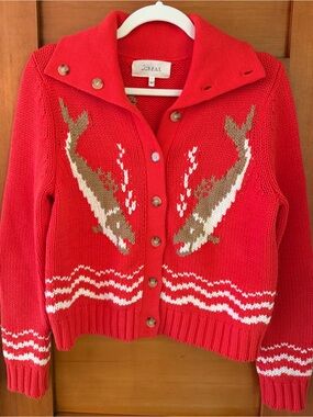The GREAT Bass Cardigan Red Bass Fish Knit Sweater XS 0 Shrinking Cobie Smulders